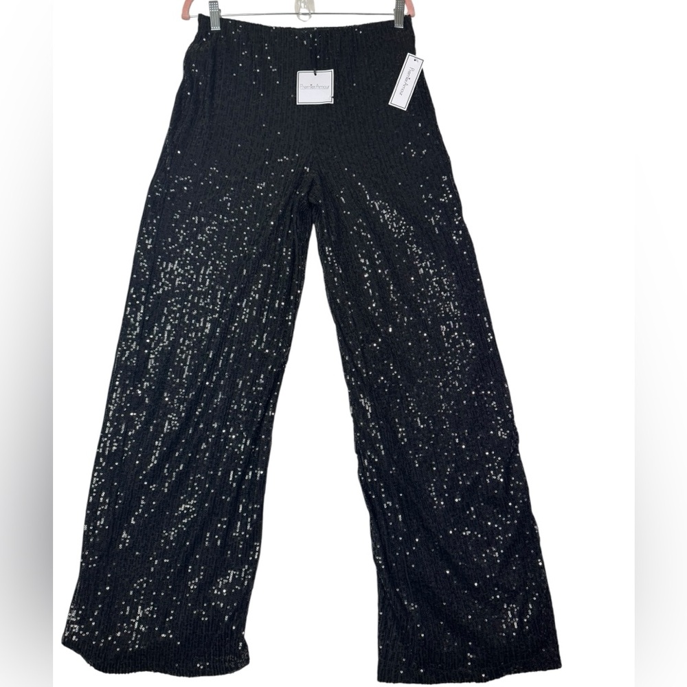 Premier Amour Black Sequin‎ Wide Leg Pants NWT Size L